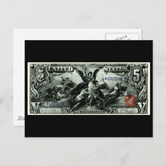 1896 US Vijf dollar zilvercertificaat Briefkaart (Voorkant / Achterkant)