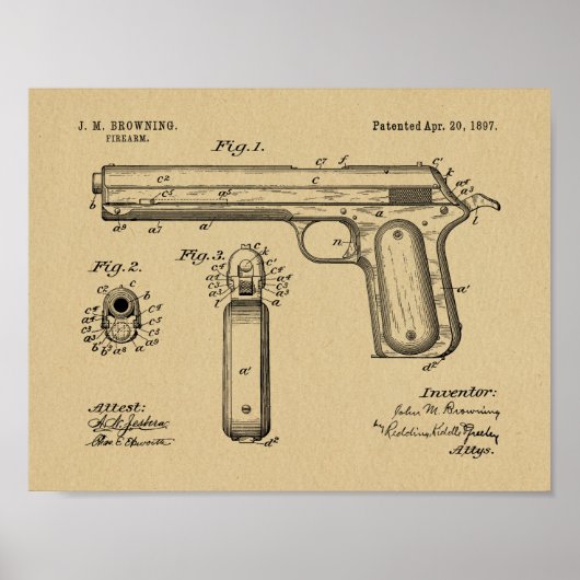 1897 Browning Pistool Patent Art Drawing Print (Voorkant)