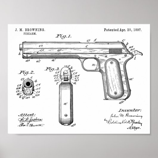 1897 Browning Pistool Patent Art Drawing Print (Voorkant)