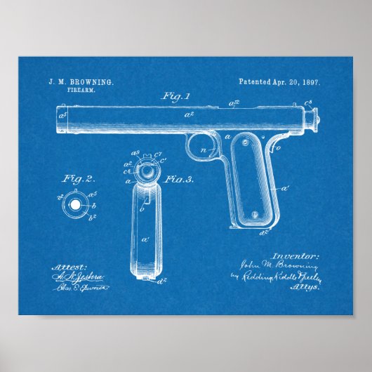 1897 Browning Pistool Patent Art Drawing Print (Voorkant)