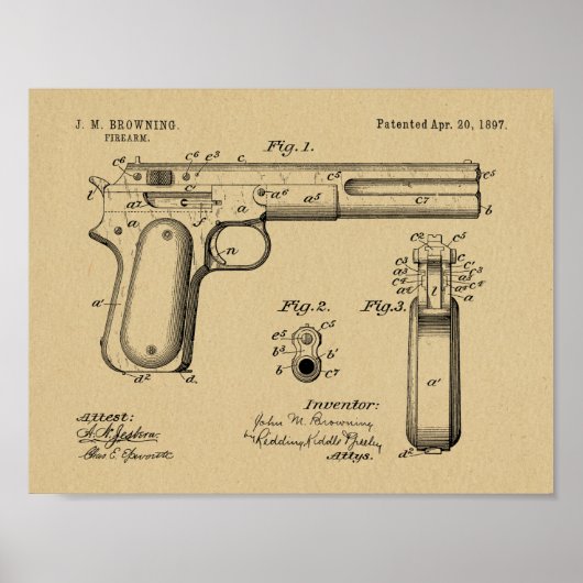 1897 Browning Pistool Patent Art Drawing Print (Voorkant)