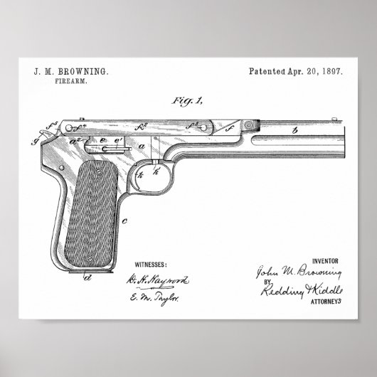 1897 Browning Pistool Patent Art Drawing Print (Voorkant)