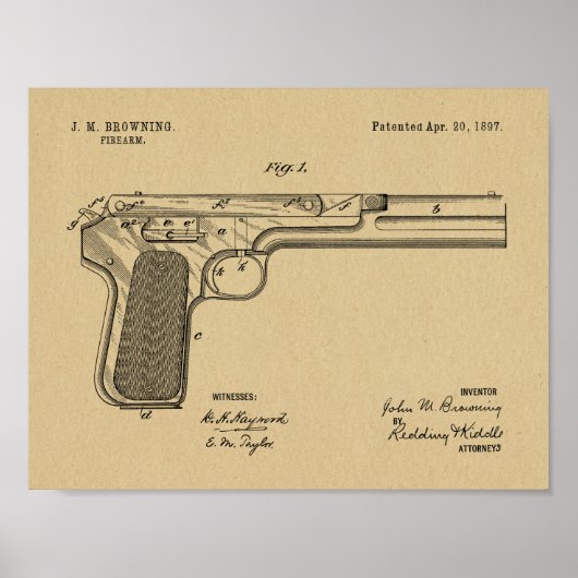 1897 Browning Pistool Patent Art Drawing Print (Voorkant)
