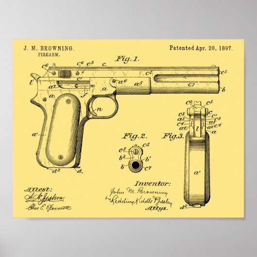 1897 Browning Pistool Patent Art Drawing Print (Voorkant)