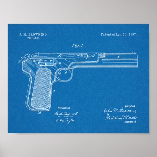 1897 Browning Pistool Patent Art Drawing Print (Voorkant)