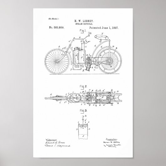 1897 Steam Bicycle Patent Art-afdrukken Poster (Voorkant)