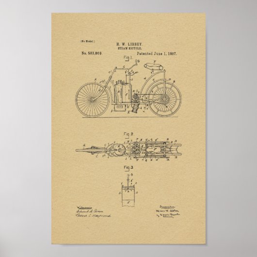1897  Steam Bicycle Patent Art-afdrukken Poster (Voorkant)
