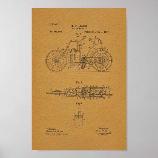 1897  Steam Bicycle Patent Art-afdrukken Poster (Voorkant)