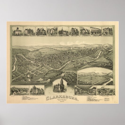 1898 Clarksburg, WV Bird's Eye Panoramic Map Poster (Voorkant)