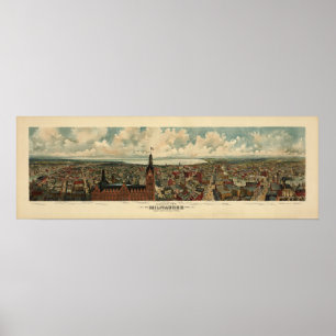 1898 Milwaukee, WI Birds Eye Uitzicht Panoramic Ma Poster