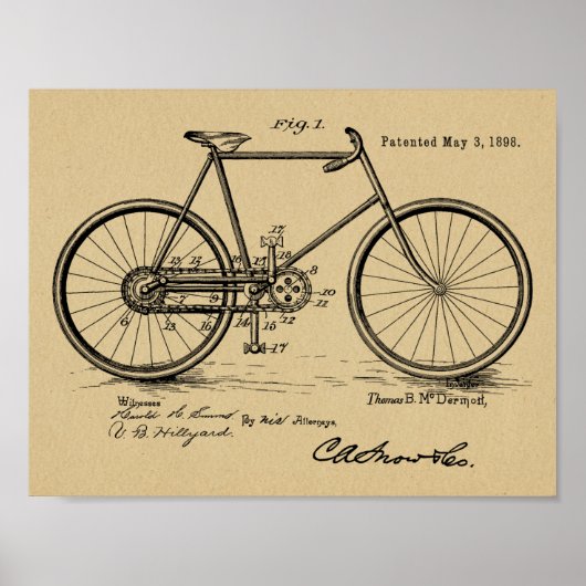 1898 Vintage Bicycle Design Patent Art Print (Voorkant)