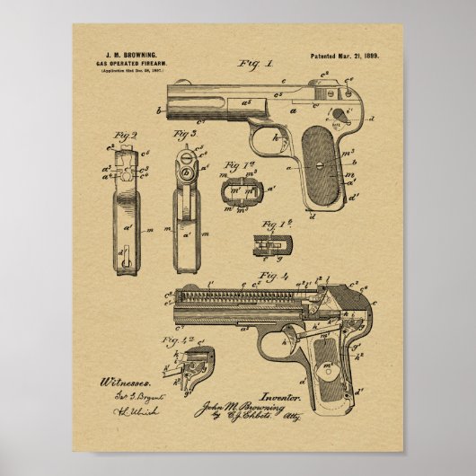 1899 Browning Pistool Patent Art Drawing Print (Voorkant)