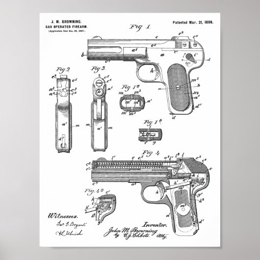 1899 Browning Pistool Patent Art Drawing Print (Voorkant)
