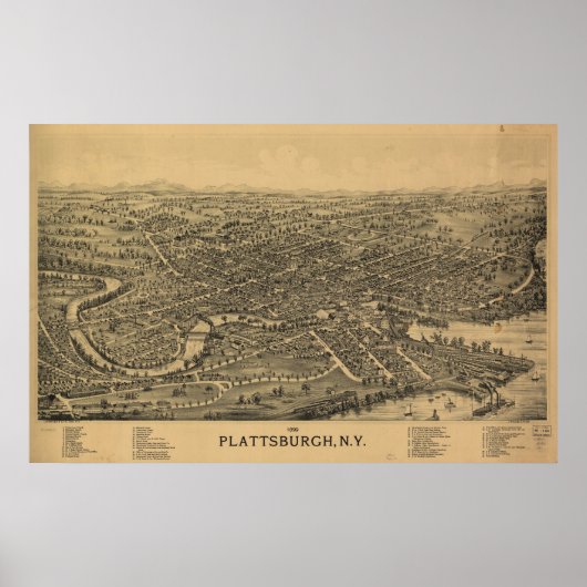 1899 Plattsburgh, NY Birds Eye Uitzicht Panoramic  Poster (Voorkant)