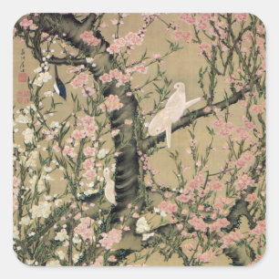 18.桃 小 図, 若 Peach Blossom & Small Birds, Jakuchüu Vierkante Sticker