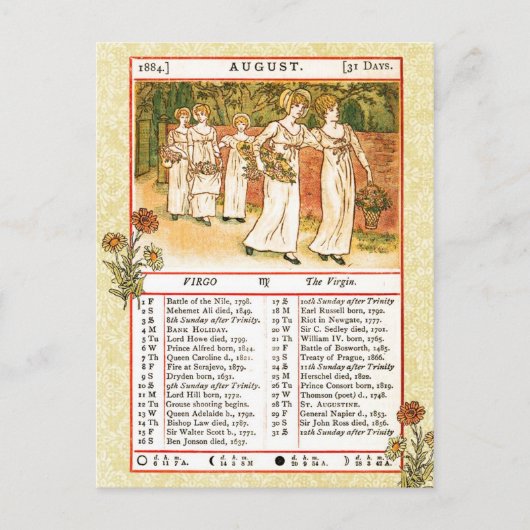 18 augustus 1884 Almanac. Virgo, de maagd Briefkaart (Voorkant)