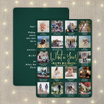 18 Foto Collage & Captions Green What a Year! Folie Feestdagenkaart<br><div class="desc">Wat een jaar om te herinneren! Verstuur stijlvolle, vrolijke groeten en deel 18 van uw favoriete afbeeldingen met een aangepaste 5x7 fotocollage groene en gouden vakantiekaart voor de folie. De tekst op deze sjabloon is eenvoudig te personaliseren om het even welke tekst zoals Zure Kerstmis, Prettige feestdagen, Zegengroeten, de Kaas...</div>