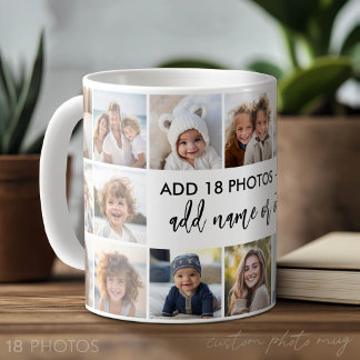 18 foto collage met moderne tekst in het midden koffiemok