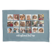 18 foto collage met witte tekst op blauw kussensloop (Voorkant)