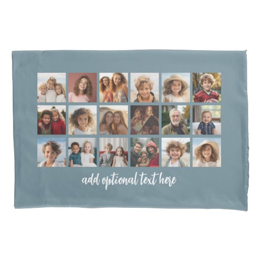 18 Fotocollage met witte tekst op blauw Kussensloop (Voorkant)