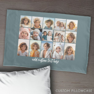 18 Fotocollage met witte tekst op blauw Kussensloop