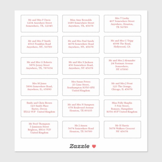 18 individuele bruiloft gast naam adressen rood sticker (Vel)