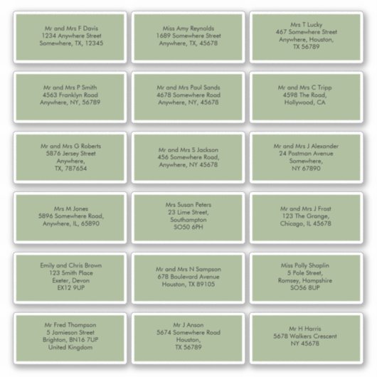 18 individuele gastnamen adressen Sage Green Sticker (Voorkant)