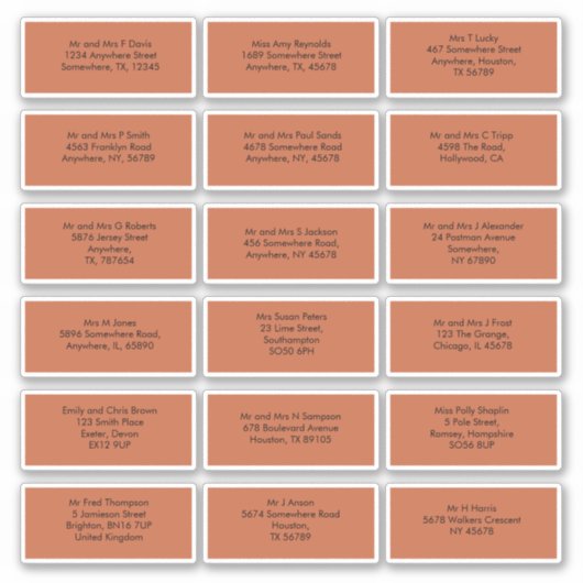 18 Individuele gastnamen Adressen Terracotta Sticker (Voorkant)