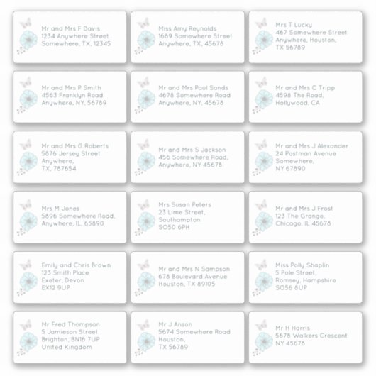 18 Individuele naam Adres Bruiloft Gast Floral Sticker (Voorkant)