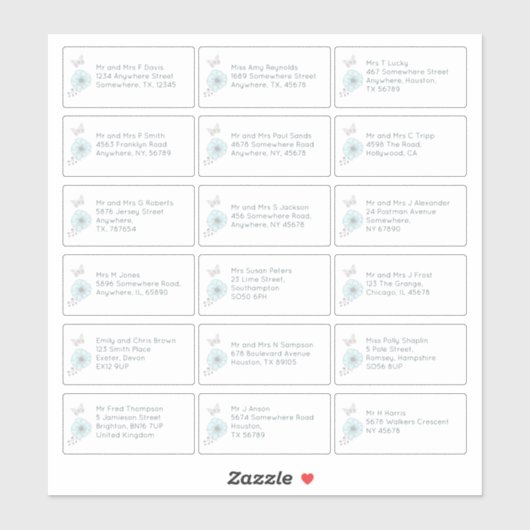 18 Individuele naam Adres Bruiloft Gast Floral Sticker (Vel)