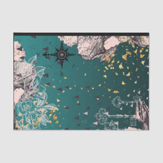 18 lbs donkerpapier Blauwgroen ombré florale ontko Tissuepapier (Voorkant)