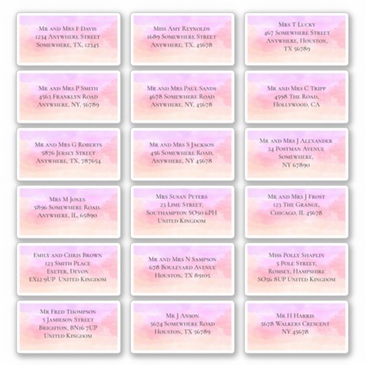 18 Naam gast Adres Roze Lila Waterverven Sticker (Voorkant)