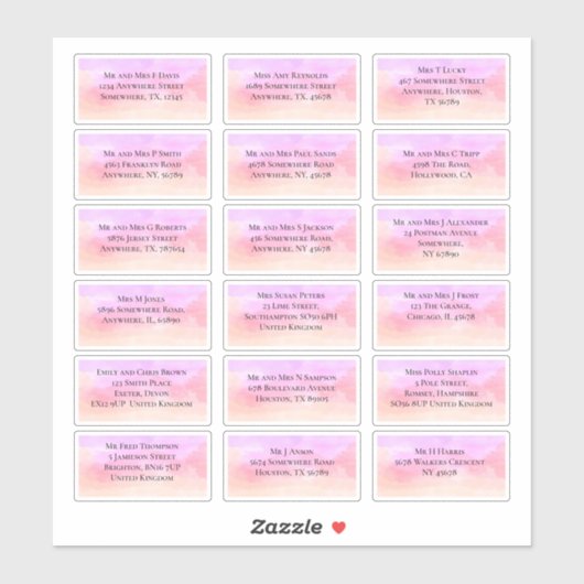18 Naam gast Adres Roze Lila Waterverven Sticker (Vel)