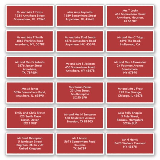 18 namen van individuele ontvangers adressen rood sticker (Voorkant)