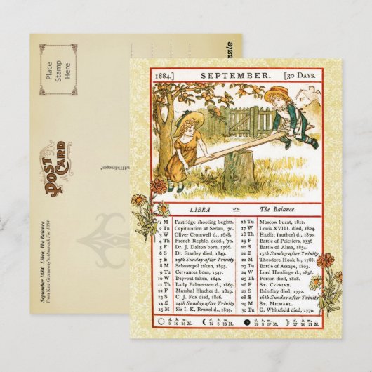 18 september 1884 Almanac.  Weegschaal, de balans Briefkaart (Voorkant / Achterkant)