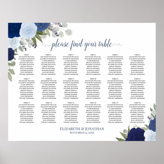 18 Tabel Elegant Blue Rozen Wedding Seating Chart Poster (Voorkant)