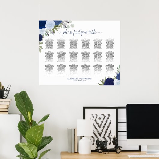 18 Tabel Elegant Blue Rozen Wedding Seating Chart Poster (Thuiskantoor)