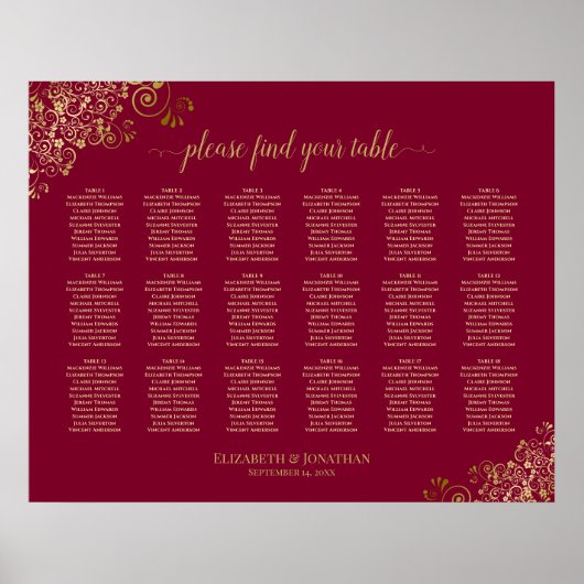 18 Tabel Elegant Bourgogne en Gold Seating Chart Poster (Voorkant)