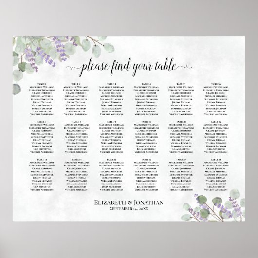 18 Tabel Eucalyptus Lavender Wedding Seating Chart Poster (Voorkant)