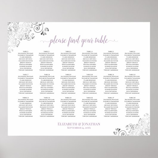 18 Tabel Lacy White Wedding Seating Chart Lavender Poster (Voorkant)