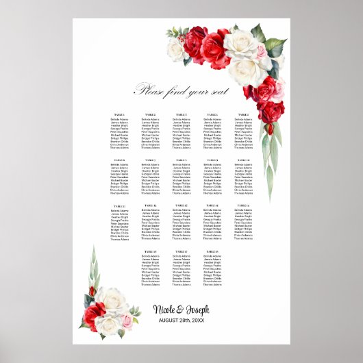 18 Tabel Rood Wit Rose Bloemen Zitting Grafiek Poster (Voorkant)