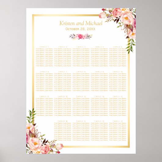18+ Tables Wedding Seating Chart Floral Gold Lijst Poster (Voorkant)