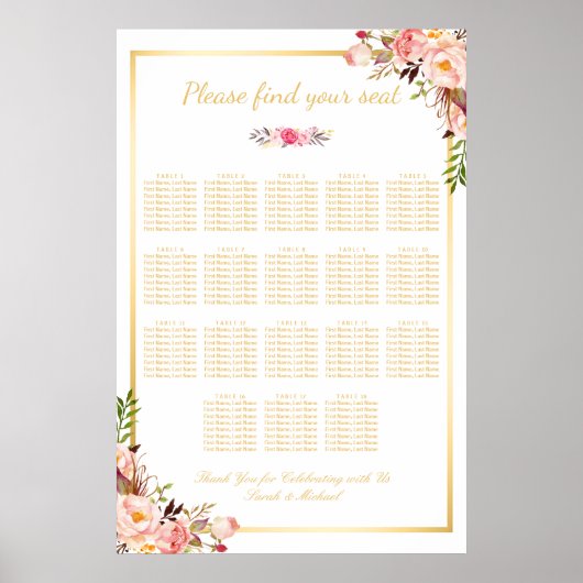 18 Tables Wedding Seating Chart Floral Gold Lijst Poster (Voorkant)