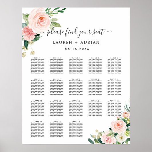 18 Tafel Blush Pink Bloom Wedding Seating Chart Poster (Voorkant)