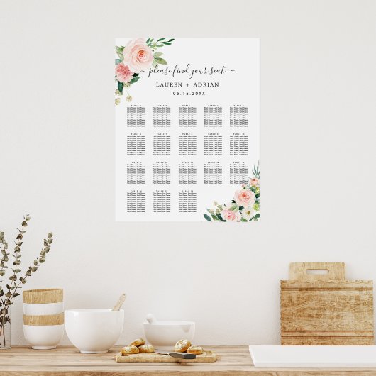 18 Tafel Blush Pink Bloom Wedding Seating Chart Poster (Keuken)