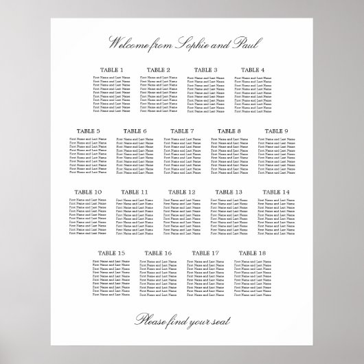 18 Tafel Elegante Minimalistische Zitplaatskaart Poster (Voorkant)
