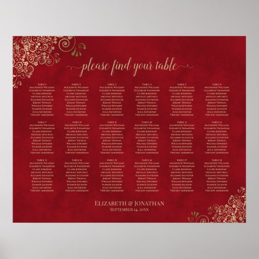 18 Tafel-goudvriendjes op de Rood Wedding Seating  Poster (Voorkant)