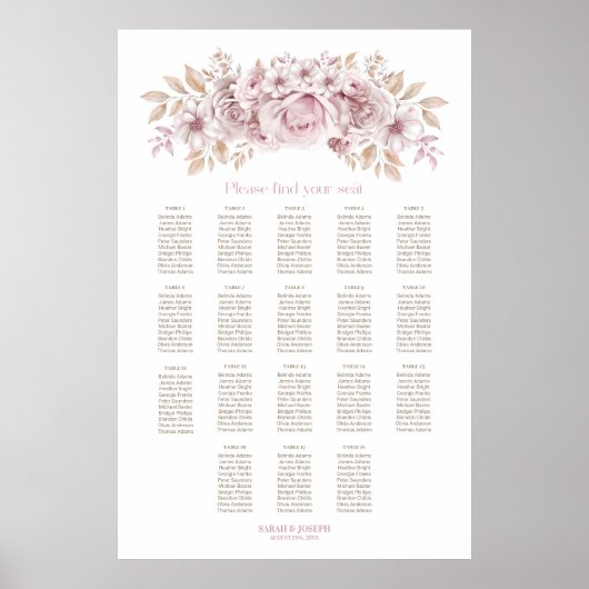 18 Tafel Roze Bloemen Trouwstoel Grafiek Poster (Voorkant)