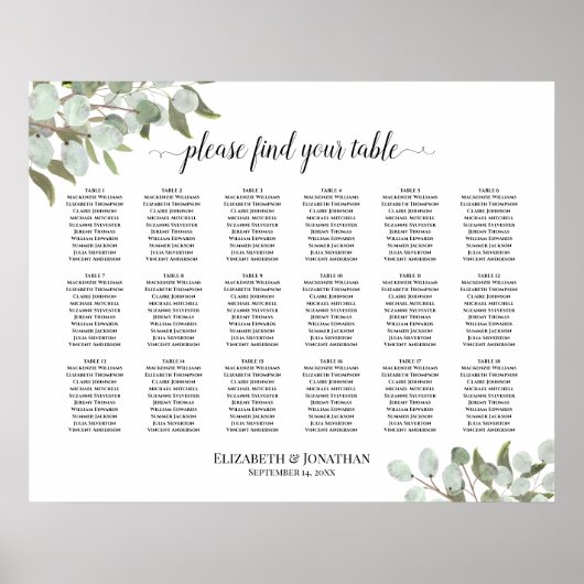 18 Tafel Rustic Eucalyptus Wedding Seating Chart Poster (Voorkant)