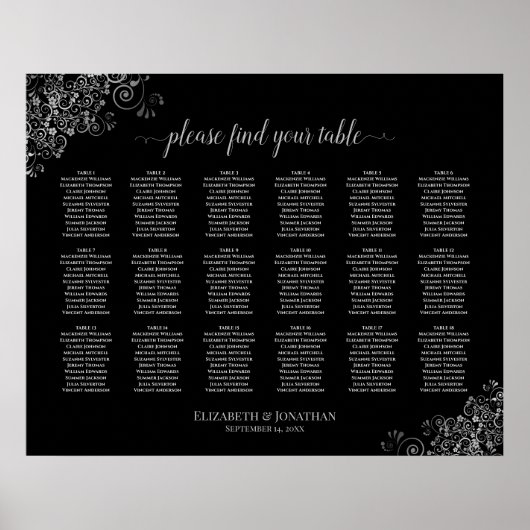 18 Tafel-weddenschapskaart Silver Frills Black Poster (Voorkant)